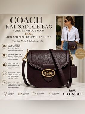 Coach Kat Saddle Bag horse and carriage motif logo suede pebbled leather oxblood